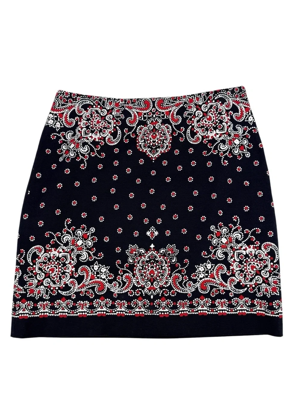 Talbots Pencil Skirt Womens Size 6 Navy Red Bandana Print Stretch Cotton